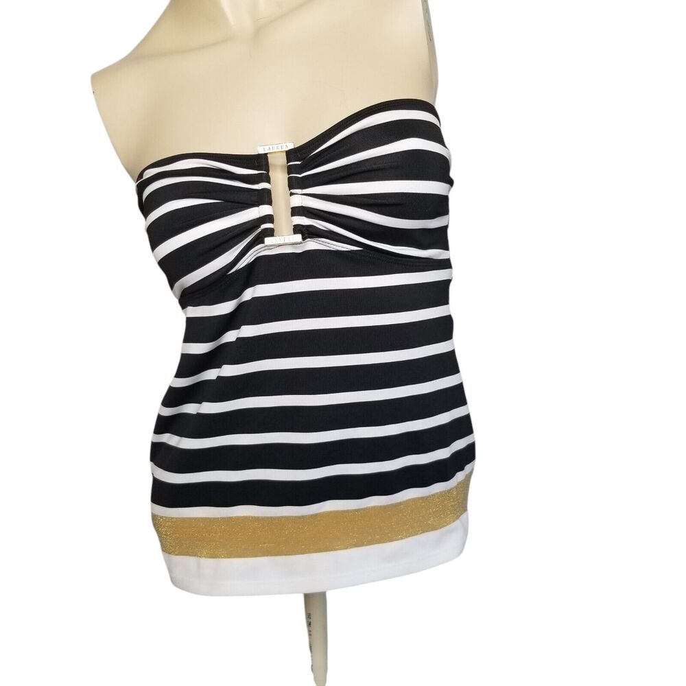LRL Ralph Lauren Striped Bandeau Halter Tankini Swim Top Black White Gold sz 8